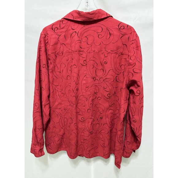 Sag Harbor Womens XL Red with Black Embroidered Floral Long Sleeve Button Up Top - Picture 7 of 8
